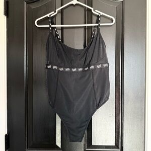 Yitty Black Shimmer Nearly Naked Thong Bodysuit - Size Large